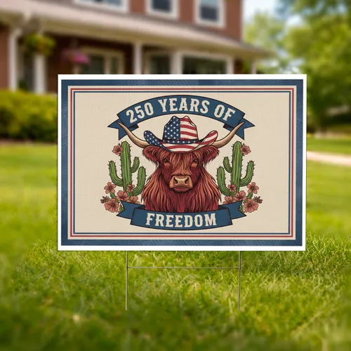 Highland Cow American Flag Cowboy Hat - USA 250 Years of Freedom Patriotic 1776-2026 Yard Sign