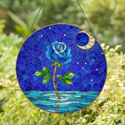 Blue Rose Crescent Moon Night Sky Stained Glass Mosaic Art - Celestial Water Scene Stained Glass Suncatcher