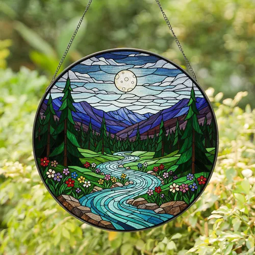 Winding River Valley Pine Trees Mountain Range Full Moon Tiffany Stained Glass Stained Glass Suncatcher