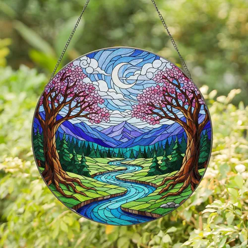 Tiffany Glass River Valley Purple Pink Trees Blue Mountains Moon Clouds Jewel Tones Stained Glass Suncatcher