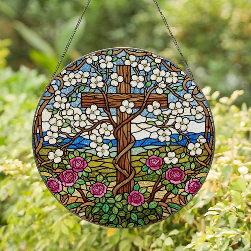 Tiffany Style Cross Dogwood Roses Mountain Landscape Stained Glass - Jewel Tones Stained Glass Suncatcher