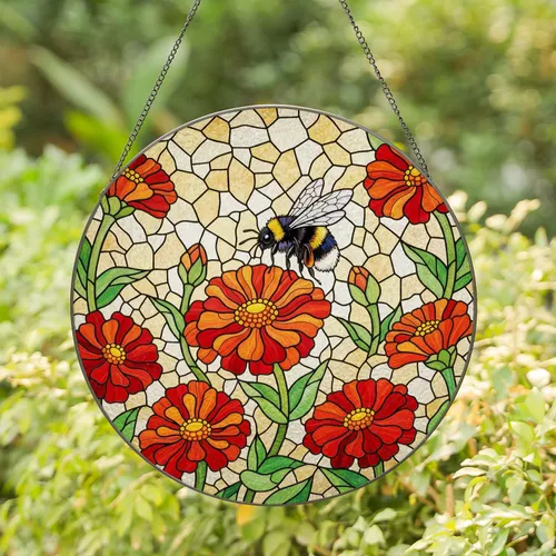 Fuzzy Bumblebee Pollinating Zinnia Flowers Stained Glass Tiffany Style Sunlit Decor Stained Glass Suncatcher