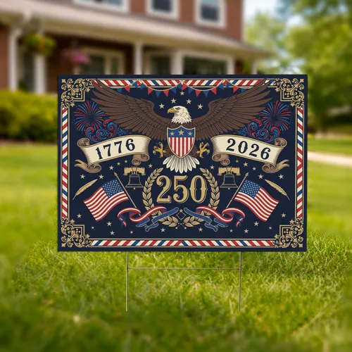 Bald Eagle American Flag 1776-2026 - USA 250th Anniversary Liberty Bell Fireworks Yard Sign