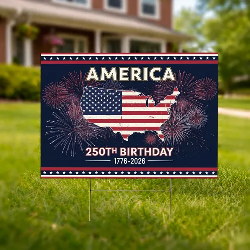 USA Map Flag Fireworks Patriotic America 250th Birthday 1776-2026 Commemoration Yard Sign
