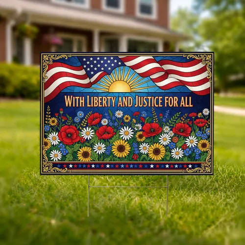 American Flag Rising Sun Wildflowers Patriotic - USA 250th Anniversary Liberty Justice Art Yard Sign