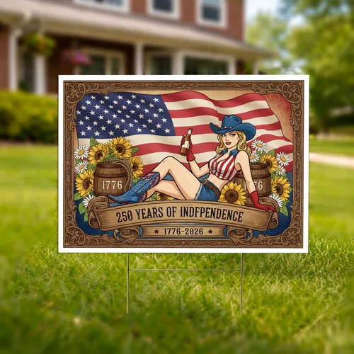 American Flag Cowgirl 1776-2026 - USA 250 Years of Independence Day Patriotic Gift Yard Sign