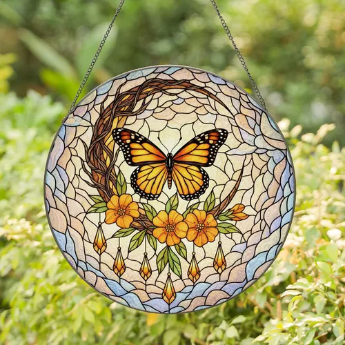 Glowing Monarch Butterfly Crescent Moon Tiffany Stained Glass Orange Flowers Amber Beads Stained Glass Suncatcher