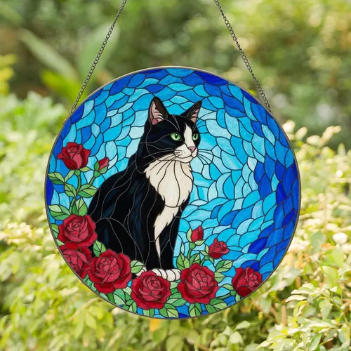 Black White Tuxedo Cat, Red Roses & Green Foliage - Swirling Blue Teal Stained Glass Stained Glass Suncatcher