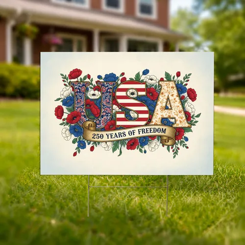 Patriotic USA Flag Letters 1776-2026 - Floral Poppies 250 Years of Freedom Celebration Yard Sign