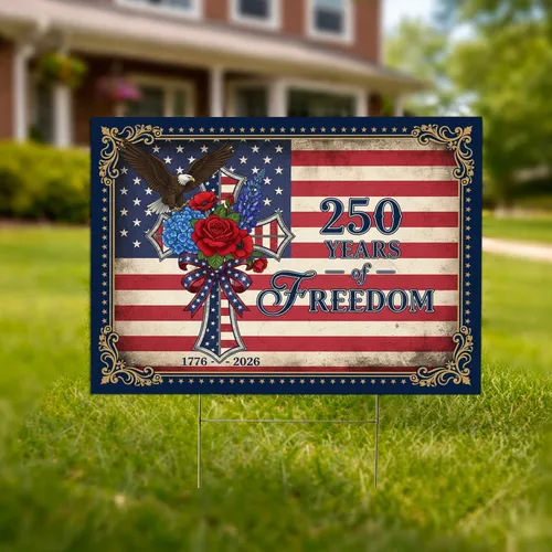 Bald Eagle American Flag Cross 1776-2026 - USA 250th Anniversary of Freedom Yard Sign