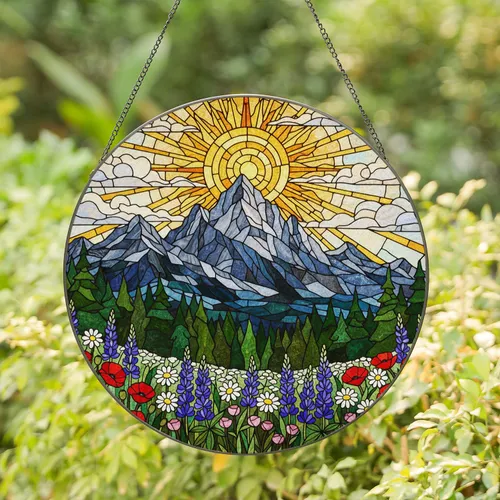 Mountain Wildflower Forest Sun Tiffany Stained Glass Art - Colorful Nature Decor Stained Glass Suncatcher