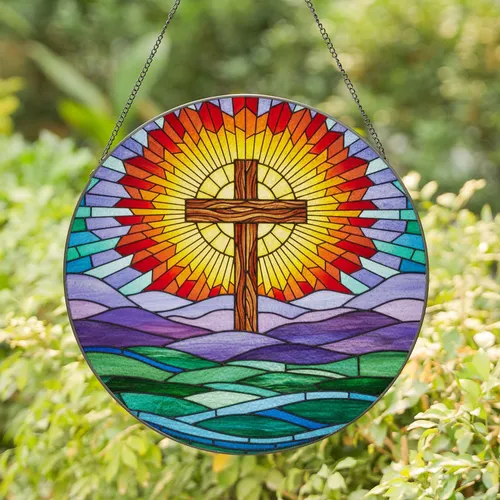 Rugged Wooden Cross Stained Glass Sunburst Landscape - Tiffany Style Jewel Tones Stained Glass Suncatcher
