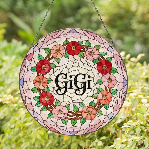 GiGi" Decorative Script Stained Glass Tiffany Camellia Flower Wreath Jewel Tone Sky Mosaic Stained Glass Suncatcher