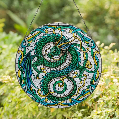 Serpentine Dragon Stained Glass Tiffany Style - Intricate Colorful Mosaic Jewel Tone Art Stained Glass Suncatcher