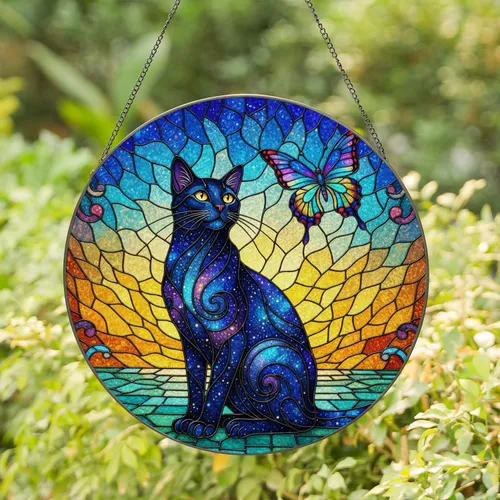 Celestial Black Cat Galaxy Pattern Butterfly Tiffany Glass Mosaic Rippled Jewel Tones Stained Glass Suncatcher