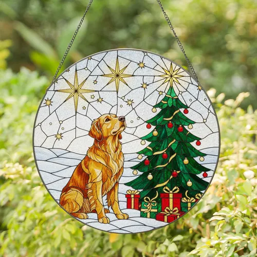 Warm Brown Golden Retriever Dog Christmas Tree Snowy Stained Glass - Holiday Gift Stained Glass Suncatcher