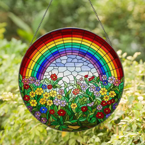Majestic Rainbow Wildflowers Tiffany Stained Glass Clear Sky Green Foliage Mosaic Stained Glass Suncatcher