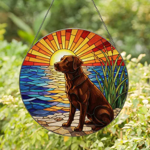 Chocolate Labrador Dog Sunset Ocean Tiffany Stained Glass Jewel Tone Art Home Decor Stained Glass Suncatcher