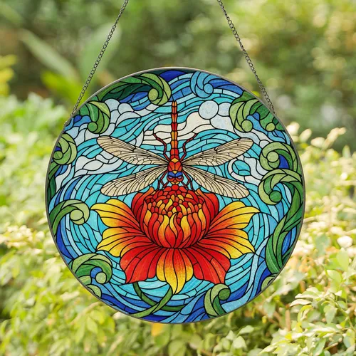 Red Orange Dragonfly Tiffany Stained Glass - Floral Mosaic Jewel Tones Intricate Design Stained Glass Suncatcher