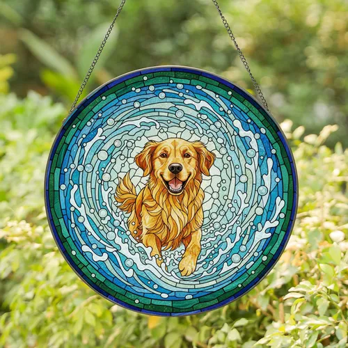 Golden Retriever Dog Splashing Water Tiffany Style Stained Glass - Dog Lover Home Decor Stained Glass Suncatcher