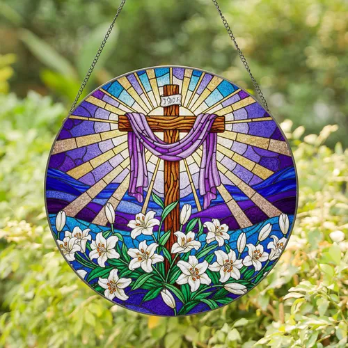Rugged Wooden Cross Easter Lilies Tiffany Glass Mosaic - Golden Rays Purple Sky Landscape Stained Glass Suncatcher