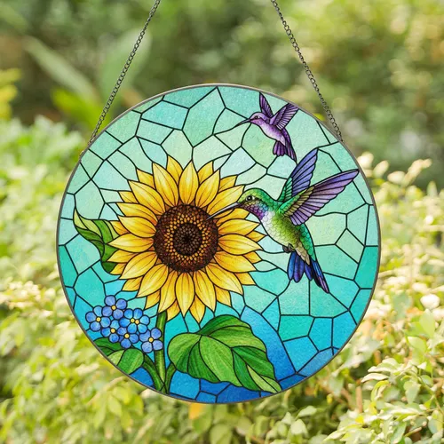 Iridescent Hummingbird Golden Sunflower Stained Glass - Tiffany Style Jewel Tone Mosaic Art Stained Glass Suncatcher