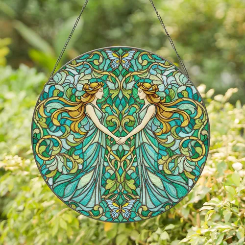 Graceful Women Nymphs Holding Hands, Flowing Hair - Tiffany Style Intricate Mosaic Art Stained Glass Suncatcher