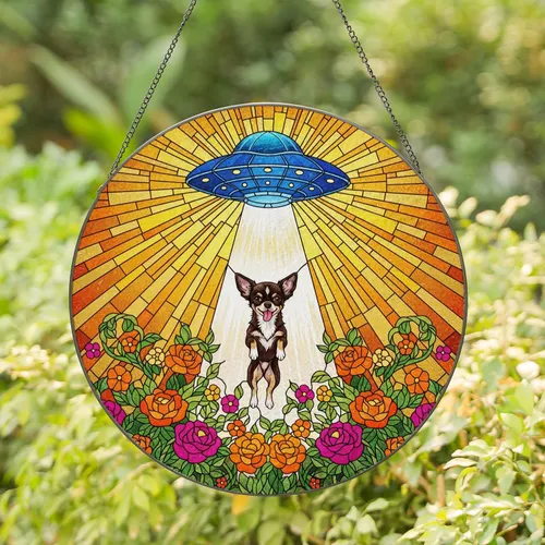 Chihuahua Dog UFO Abduction Wildflowers Stained Glass Cosmic Rays Glowing Jewel Tones Stained Glass Suncatcher