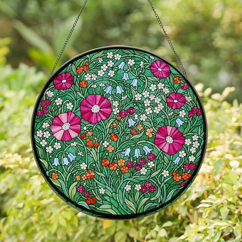 Intricate Edge-to-Edge Stained Glass Wildflower Mosaic - Tiffany Style Translucent Jewel Tones Stained Glass Suncatcher