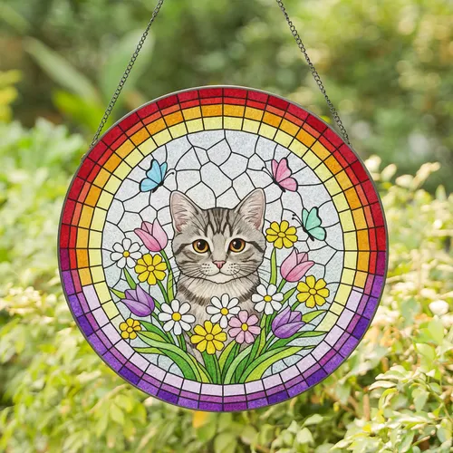 Grey Tabby Kitten Stained Glass Spring Flowers Rainbow Mosaic - Home Decor Gift for Cat Lovers Stained Glass Suncatcher