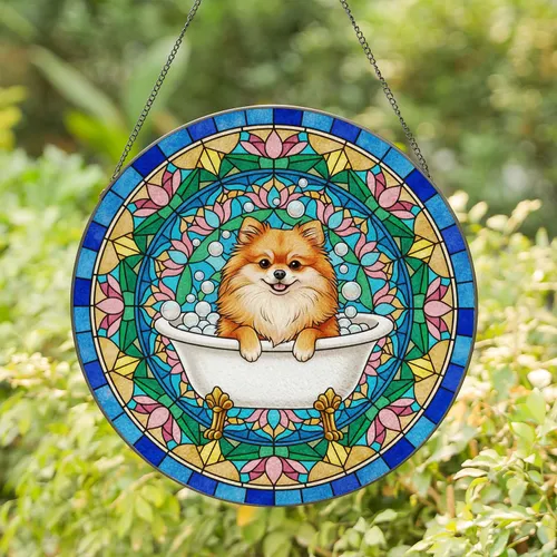 Pomeranian Dog Clawfoot Bathtub Stained Glass Mosaic Intricate Lotus Decor Gift Stained Glass Suncatcher