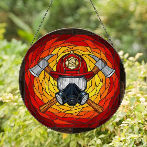 Firefighter Helmet Mask Axes Stained Glass Fiery Mosaic Art - First Responder Tribute Gift Stained Glass Suncatcher