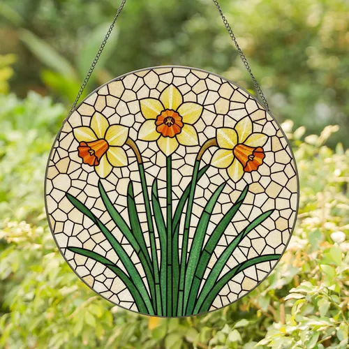 Three Daffodil Flowers Stained Glass Mosaic - Tiffany Style Floral Decor Jewel Tones Stained Glass Suncatcher
