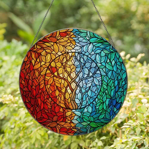 Vibrant Stained Glass Tree Branches Leaf Mosaic - Autumn Winter Hues Tiffany Style Stained Glass Suncatcher