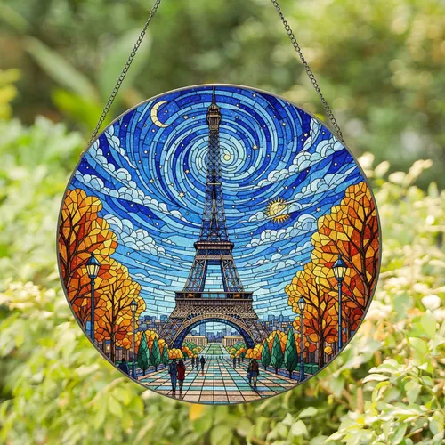 Eiffel Tower Stained Glass Art, Autumn Foliage, Starry Night Sky Mosaic, Cypress Trees Stained Glass Suncatcher