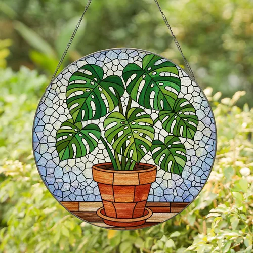 Lush Monstera Plant Stained Glass Window Decor - Terracotta Pot Mosaic Abstract Art Stained Glass Suncatcher