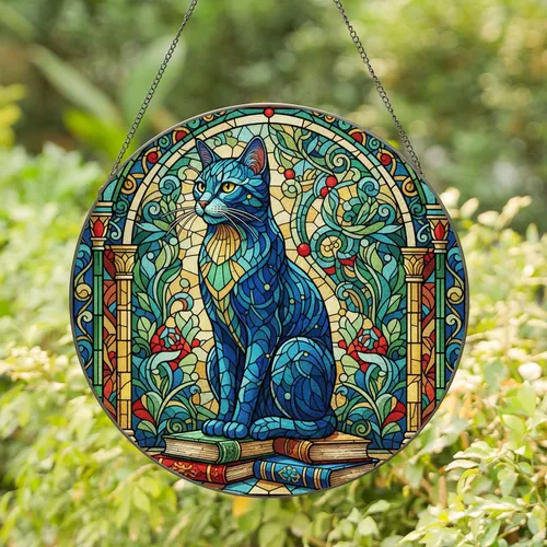 Colorful Intricate Watchful Cat Stained Glass Books Library Mosaic Tiffany Style Gift Stained Glass Suncatcher