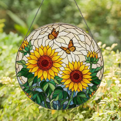 Golden Sunflower Monarch Butterfly Stained Glass Art Mosaic - Translucent Window Decor Gift Stained Glass Suncatcher
