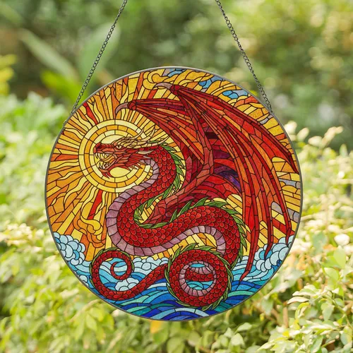 Tiffany Stained Glass Dragon Sun Ocean Mosaic - Rising, Coiled Mythical Creature Stained Glass Suncatcher