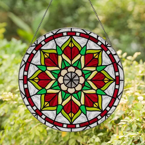 Tiffany Style Ruby Red Emerald Green Floral Medallion Stained Glass Starburst Mosaic Stained Glass Suncatcher