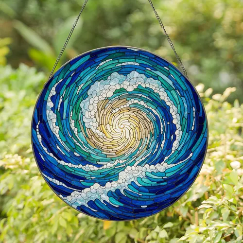 Majestic Ocean Wave Spiral Stained Glass Tiffany Style - Turbulent Sea Mosaic Decor Art Stained Glass Suncatcher
