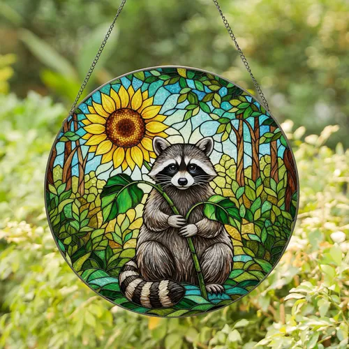 Cute Raccoon Sunflower Stained Glass Mosaic - Tiffany Jewel Tones Intricate Forest Art Stained Glass Suncatcher