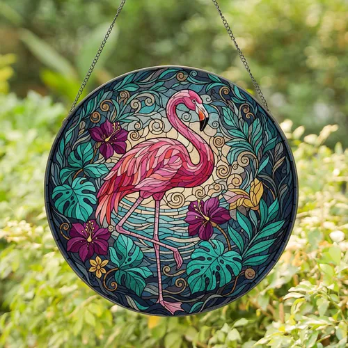 Graceful Flamingo Tropical Leaves Exotic Flowers - Tiffany Stained Glass Mosaic Design Stained Glass Suncatcher