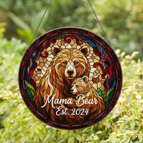 Mama Bear Est. 2024 Mother Cub Stained Glass Mosaic Art - New Mom Mother's Day Present Stained Glass Suncatcher