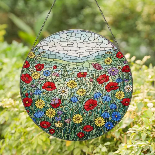 Tiffany Style Stained Glass Wildflower Meadow Poppies Daisies Bluebells Jewel Tones Stained Glass Suncatcher