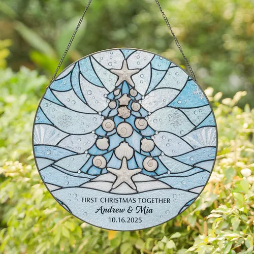 Stained Glass Christmas Tree Seashell Starfish - First Christmas Together Andrew Mia Stained Glass Suncatcher