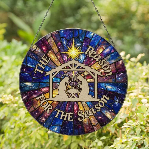 Nativity Scene Mary Joseph Jesus Tiffany Glass 'THE Reason FOR THE Season' Christmas Holiday Gift Stained Glass Suncatcher