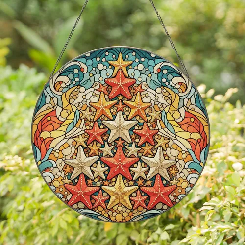 Tiffany Stained Glass Starfish Christmas Tree - Ocean Waves Mosaic Home Decor Art Stained Glass Suncatcher