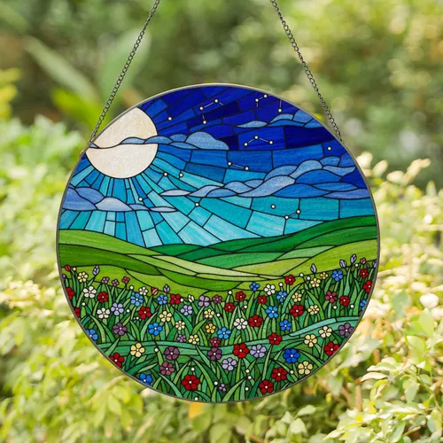 Full Moon Stained Glass Night Sky Landscape - Tiffany Style Jewel Tone Meadow Art Stained Glass Suncatcher