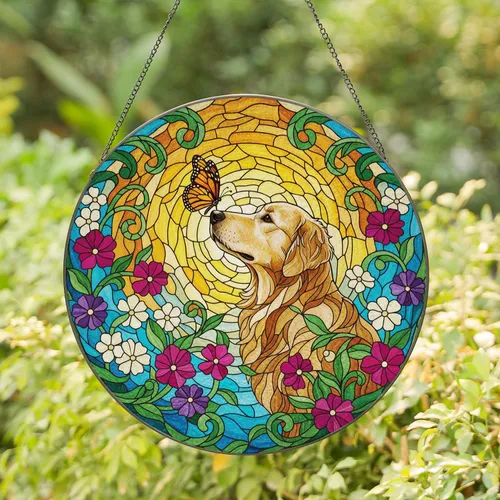 Golden Retriever Dog Monarch Butterfly Stained Glass Art - Wildflower Garden Pet Lover Gift Stained Glass Suncatcher